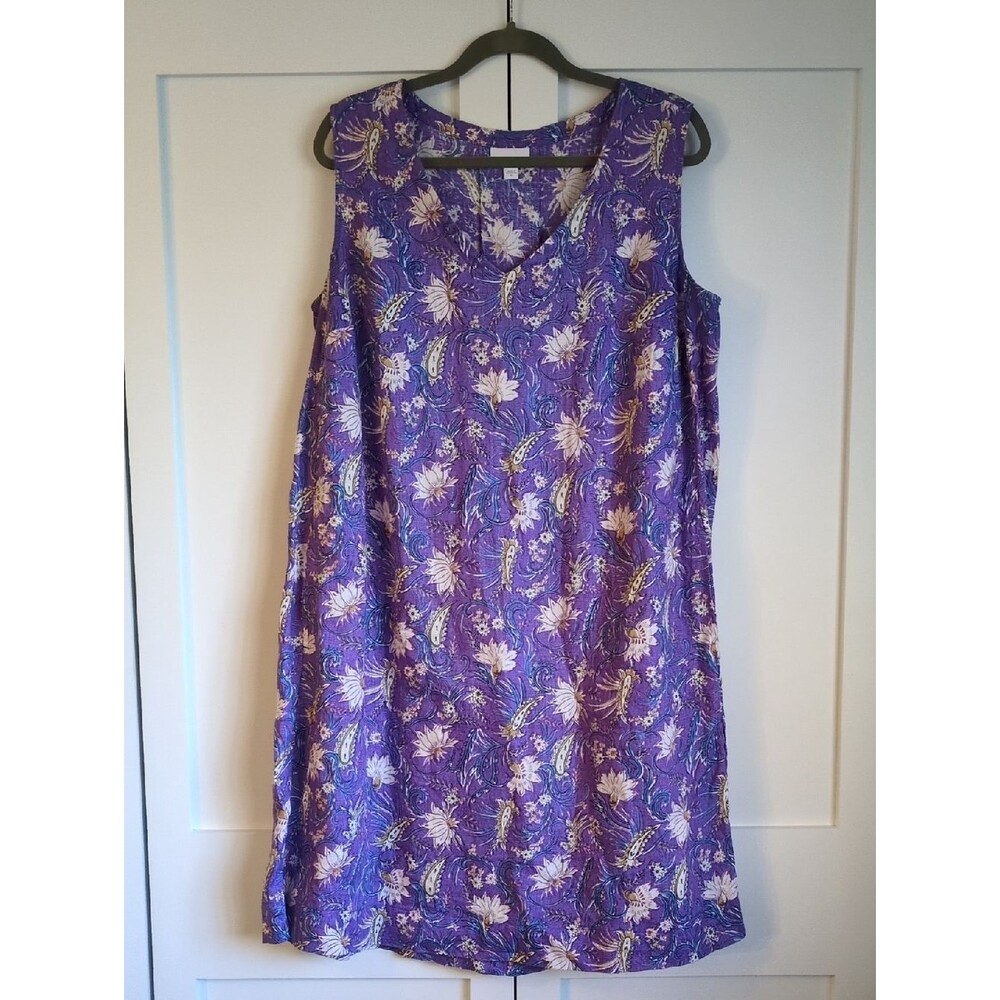 J. Jill Linen Dress XL Purple Floral Sleeveless Pockets Beach
